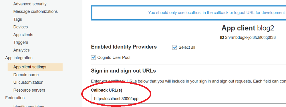 AWS Cognito callback configuration